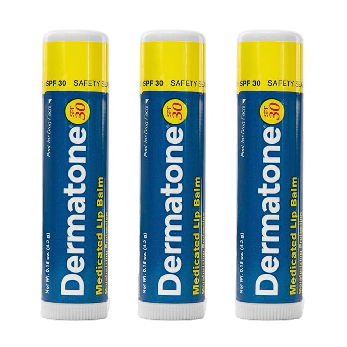 Dermatone Lip Balm SPF 30 | Medicated | Moisturizing | Cocoa Butter, Aloe, Vitamin E | Soothe & Replenish Chapped Lips | 3-Pack, 0.15 oz sticks