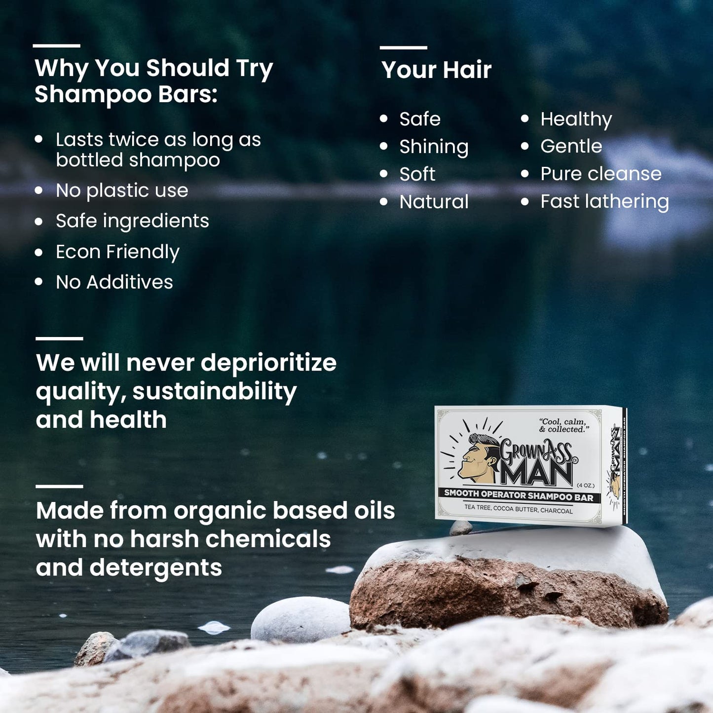 Solid Shampoo Bar Rich Lather 3 in 1: Hair, Beard & Body Wash - Plastic Free & Eco-Friendly, Natural & Organic Clean for All Hair Types, 4oz Bar (Smooth Operator, 3-Pack)