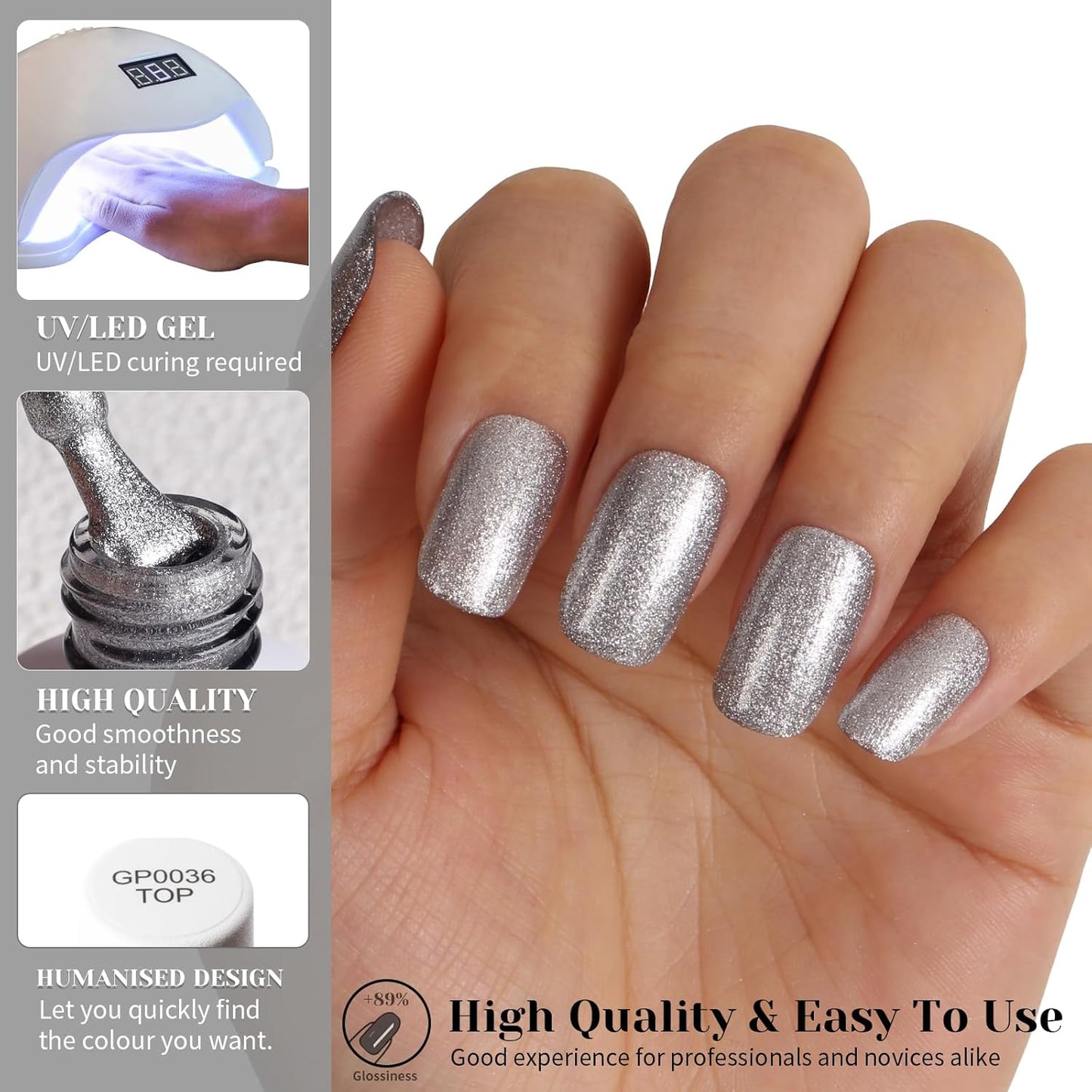 Silver Glitter Gel Polish,15ml UV/LED Soak Off Sparkly Metallic Silver Gel Nail Polish for Manicure Salon or DIY Nail Art at Home,French Tip Color- GP0091