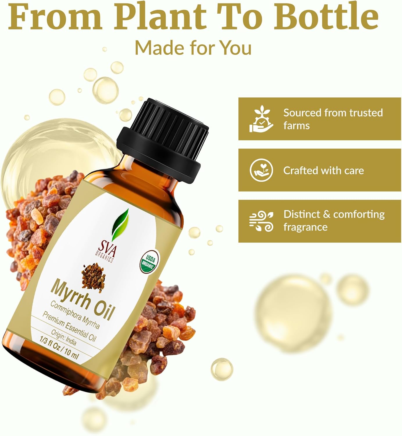 SVA Myrrh Essential Oil Organic – 1/3 Fl Oz – 100% Natural Organic Myrrh Oil - for Diffuser, Hair Care, Face, Skin Care, Aromatherapy, Scalp and Body Massage, Soap and Candle Making