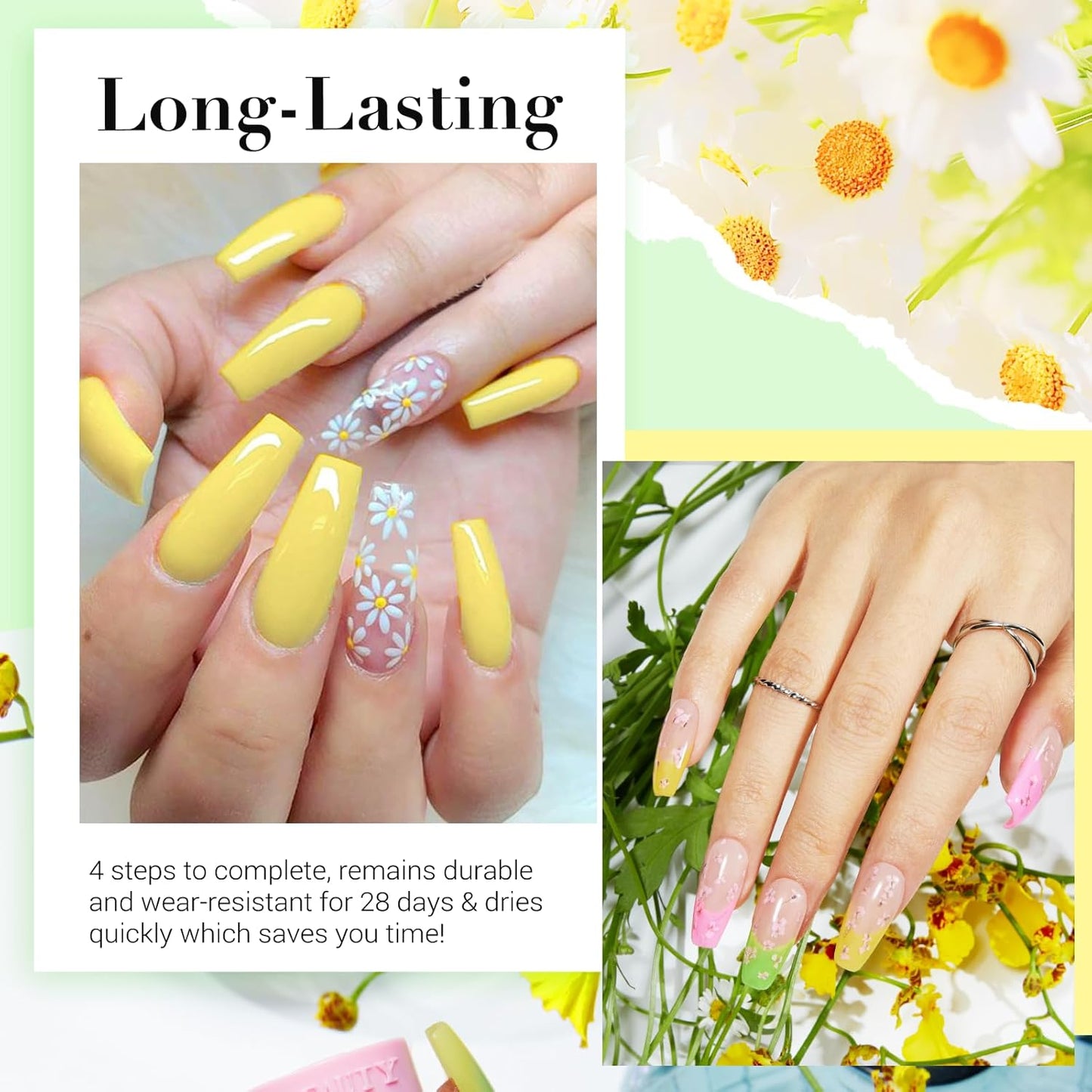 AZUREBEAUTY Dip Powder Nail Kit Bright Yellow with Base Top Coat Activator Dried Flowers for French Nails Art Manicure DIY Salon