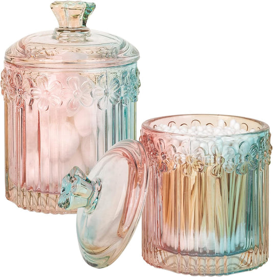 rejomiik 2 Pack Qtip Holder Glass Apothecary Jars with Lids Set Bathroom Canisters Dispenser Organizers and Storage for Cotton Swabs, Balls, Pads, Floss Picks, Candy, Rainbow
