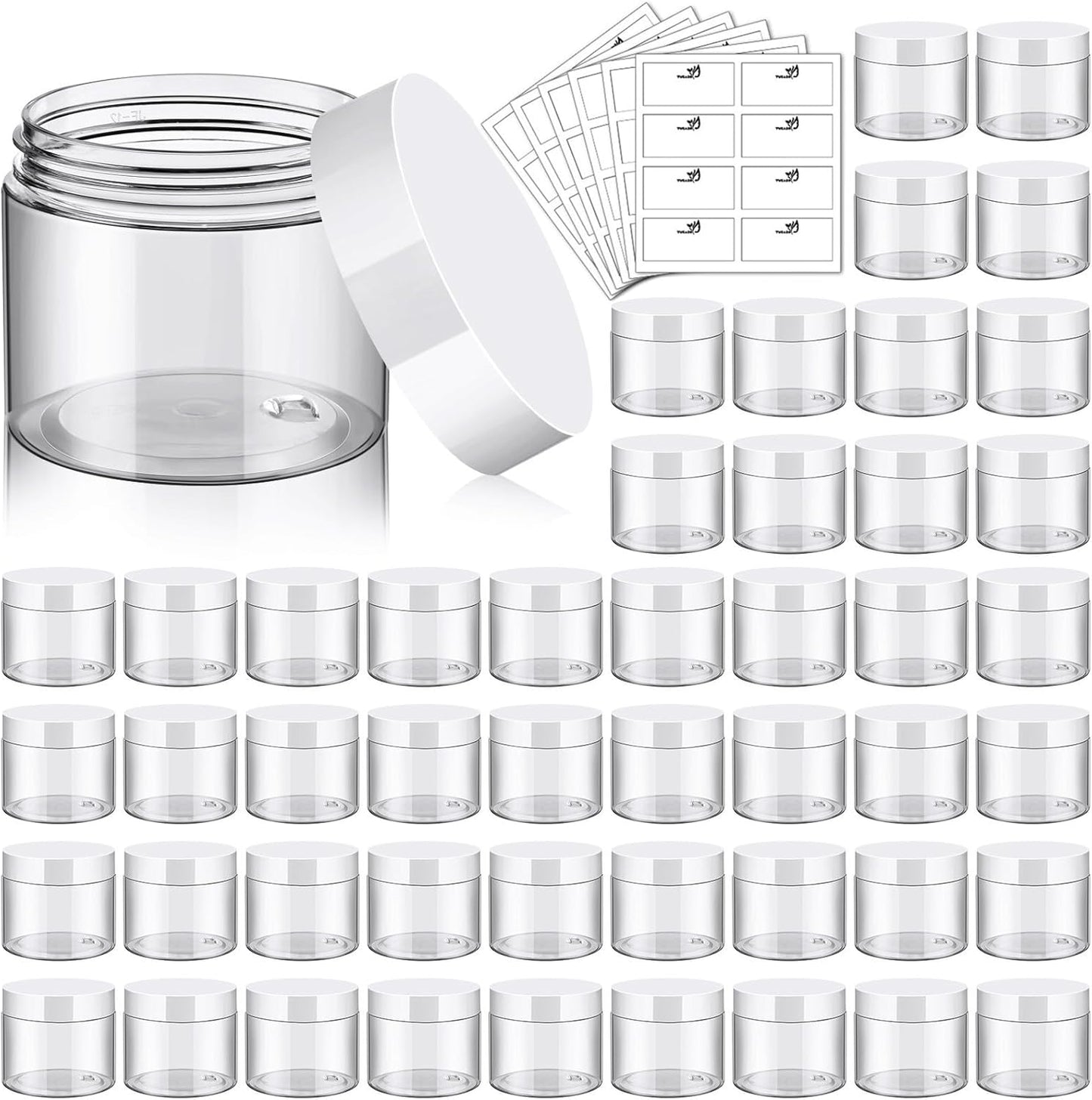TUZAZO 48 Pack 6 Oz Plastic Container Jars with Lids and Labels BPA Free, Empty Round Clear Cosmetic Containers Plastic Slime Jars for Lotion, Cream, Ointments, Body Butter, Travel Storage (48)