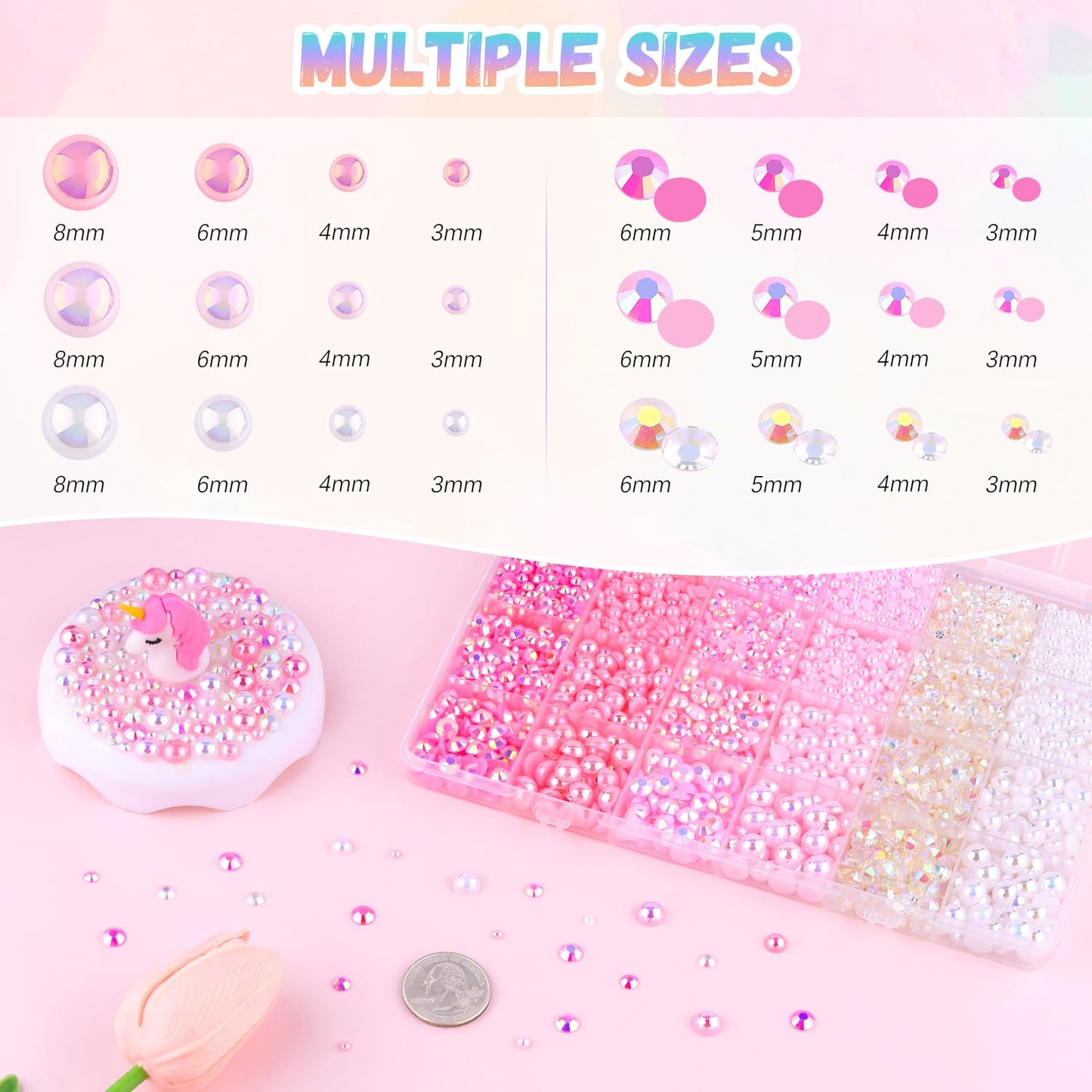 9000Pcs Flatback Pearls and Rhinestones for Crafting, Pink White Mixed Size 3-8mm Resin Rhinestones and Half Pearls for Bedazzling, Nail Art and Decoration with 3pcs B7000 Jewelry Glue