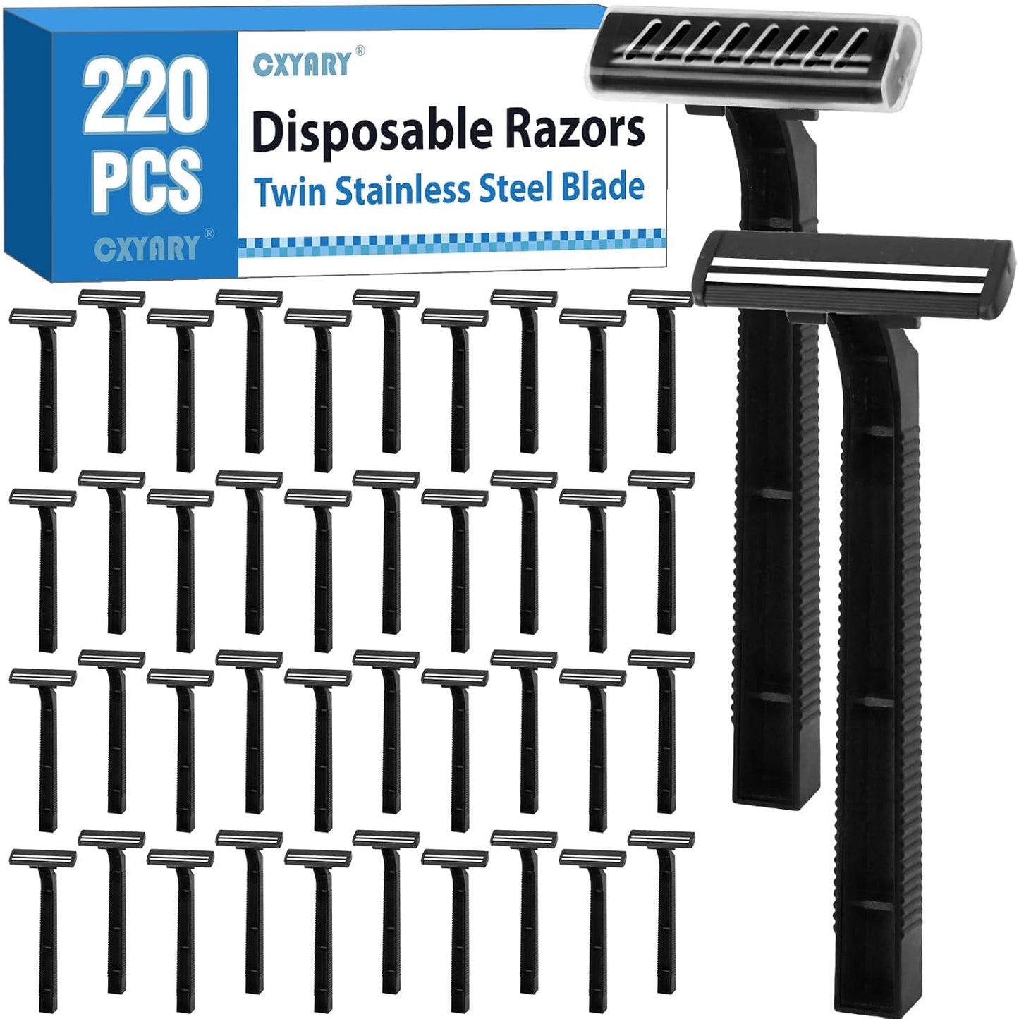 CXYARY 220 Pcs Twin Blade Disposable Razors With Clear Safety Cap, Shaving Razors Bulk for Men &Women, Stainless Steel Blade, Multipurpose Portable Shave Razor for Bathing Hotel Travel, Black