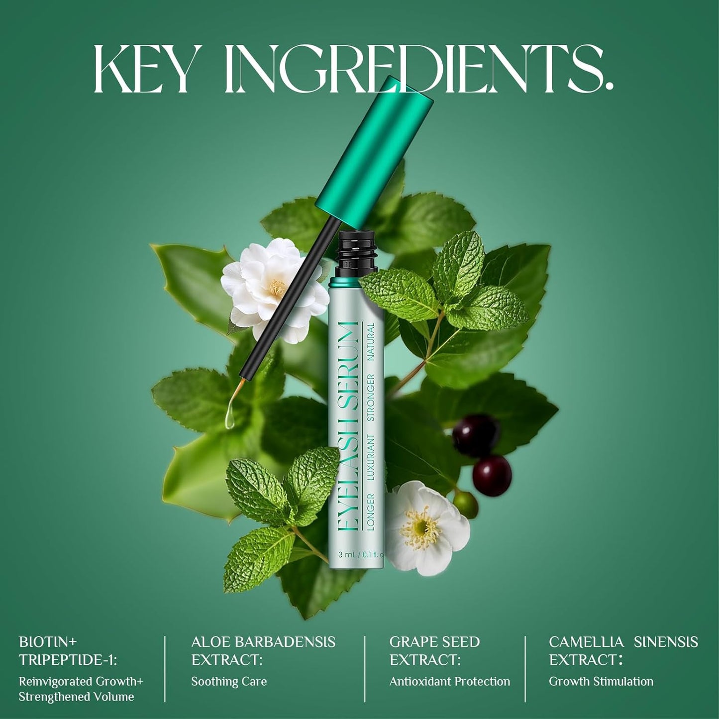 Eyelash Growth Serum: Promotes natural lash growth for longer, thicker, and stronger lashes while nourishing lash health. Vegan, cruelty-free & gentle on sensitive eyes. 3mL (2-month supply)