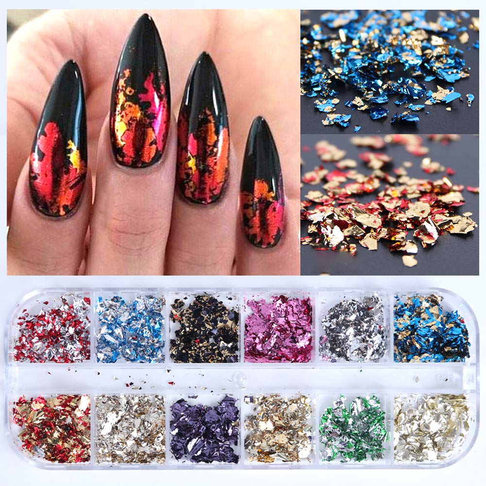 AUOCATTAIL 24 Grids Foil Nail Art Holographic Aluminum Nail Foil Flakes Stickers Nail Sequins 3D Glitter Decoration DIY Design Accessories Rainbow Nail Art Supplies Gold Nail Decals
