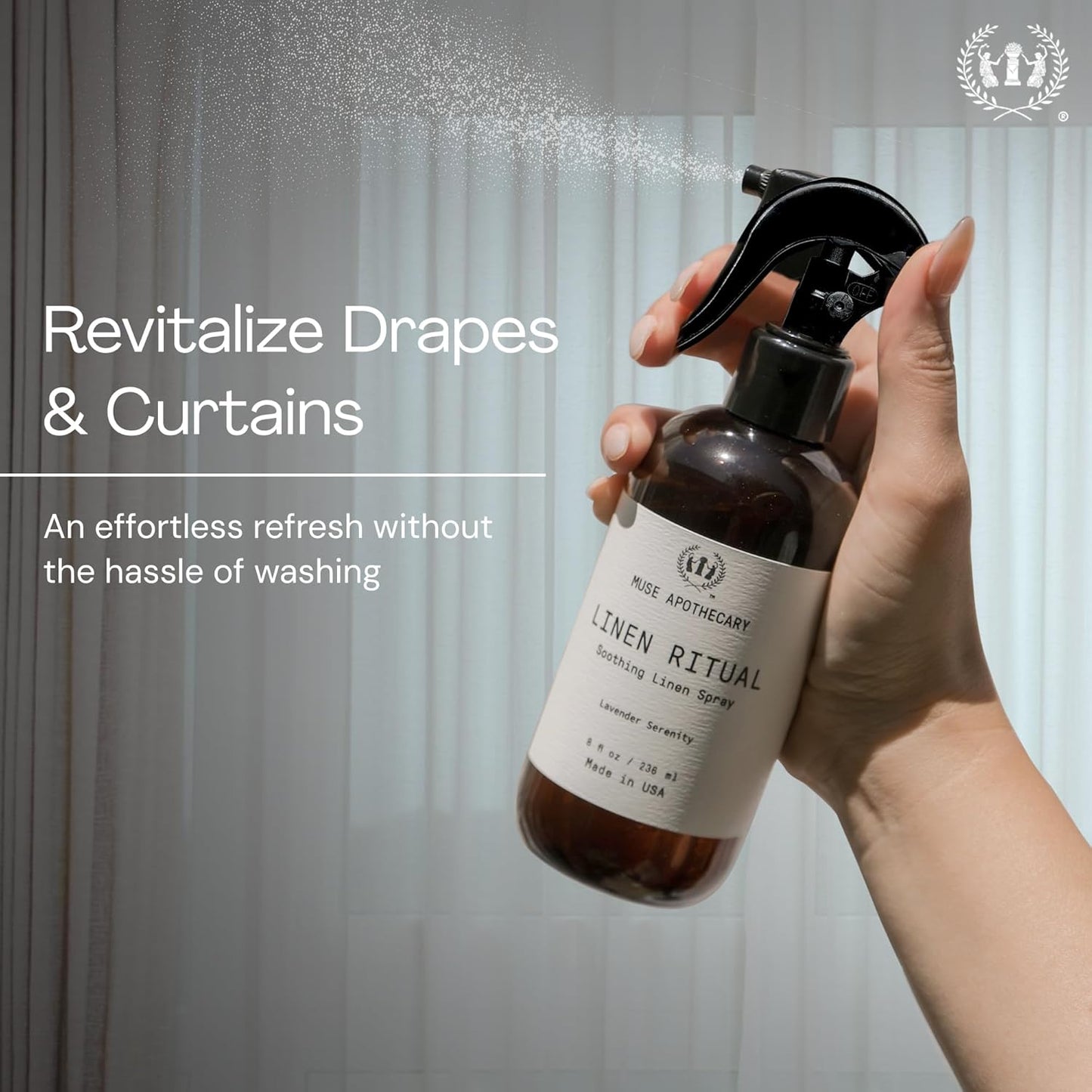 Muse Apothecary Linen Ritual - Aromatic, Soothing, and Relaxing Linen Mist, Laundry and Fabric Spray - Infused with Aromatherapy Essential Oils - 4 oz, Amber Cashmere