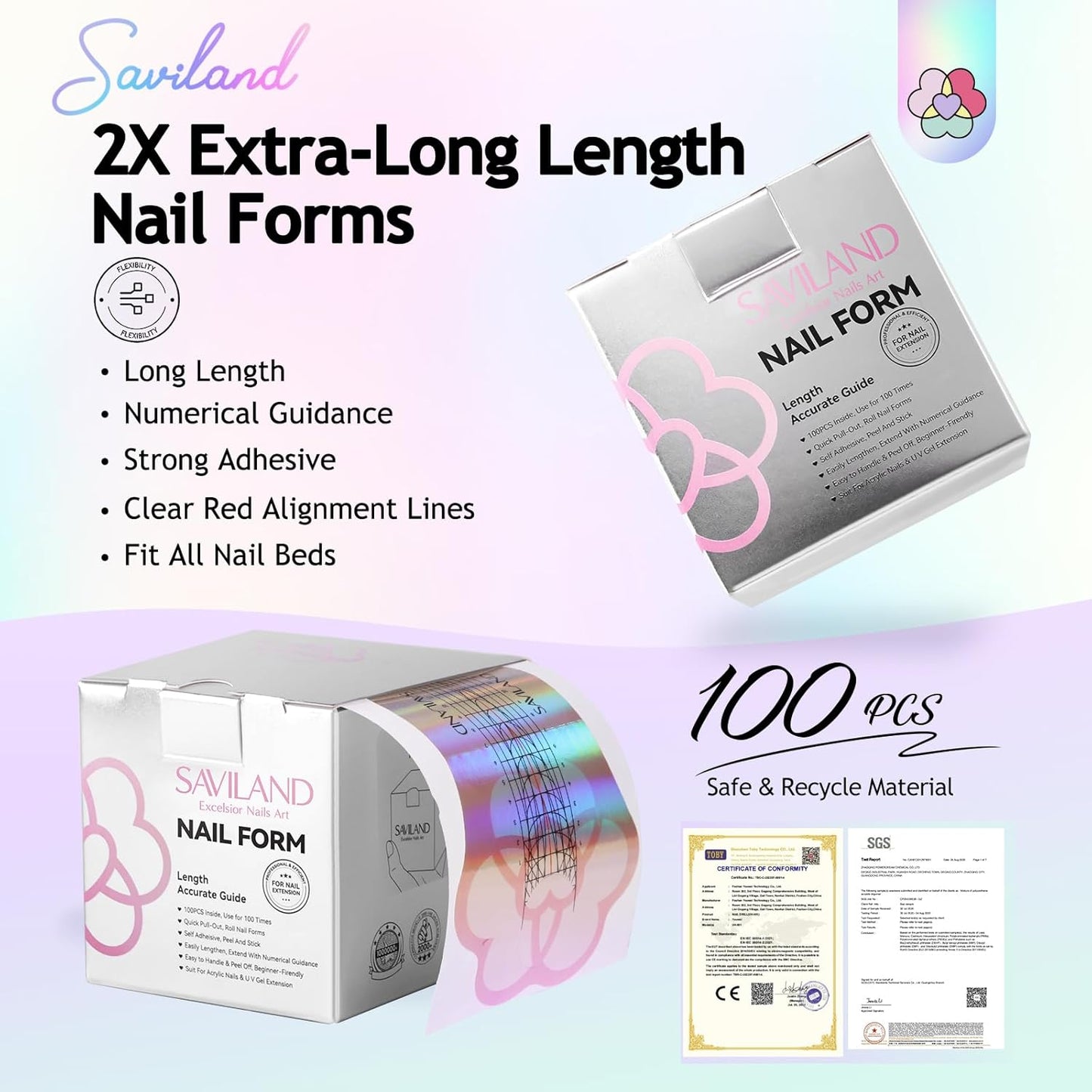 SAVILAND Long Sticky Nail Forms: Ultra-Long Length Reusable Extension Pink Self-Adhesive & Sturdy-Paper Acrylic Forms for Builder Gel, Tech Art Salon