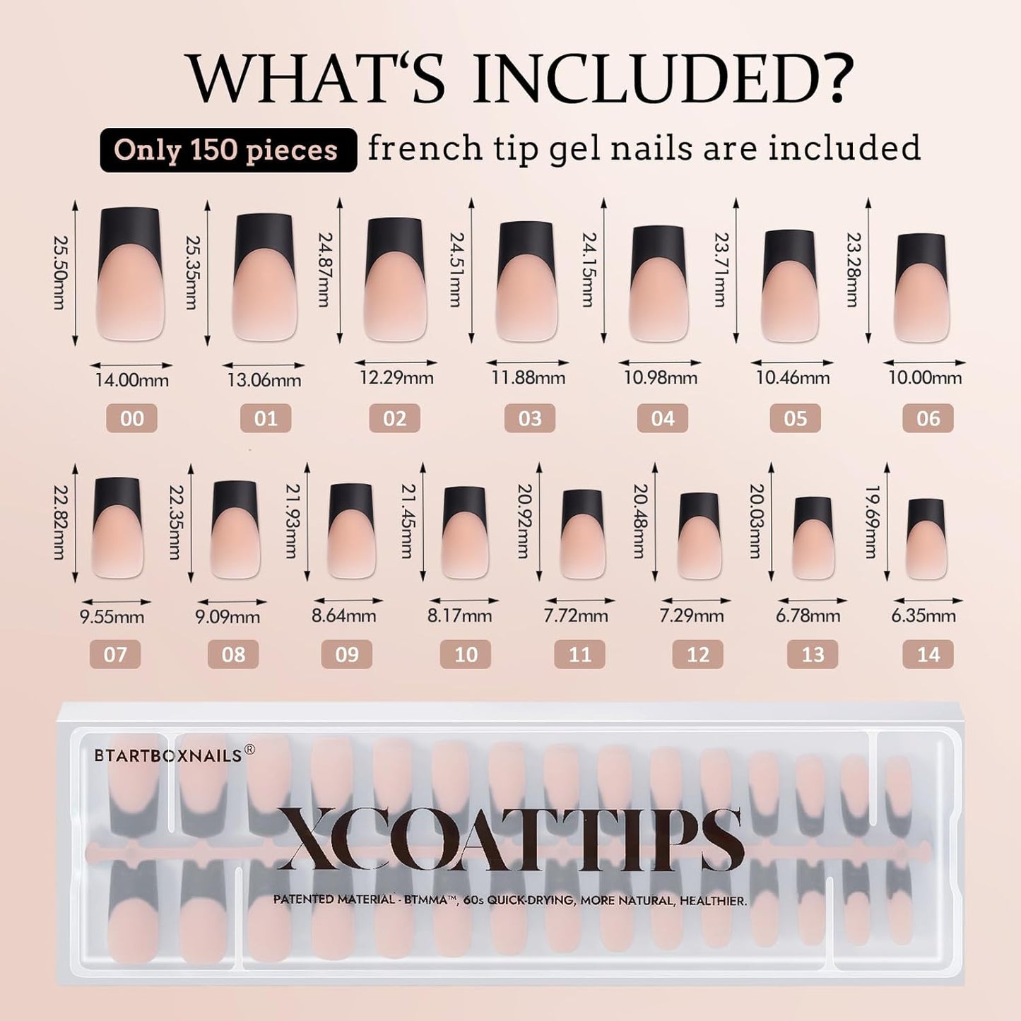 BTArtboxnails XCOATTIPS French Tip Nails - Long Press on Nails, Square Nail Tips Black, French Tip Press on Nails, Soft Gel False Nail Tips, Soak Off Acrylic Fake Nails