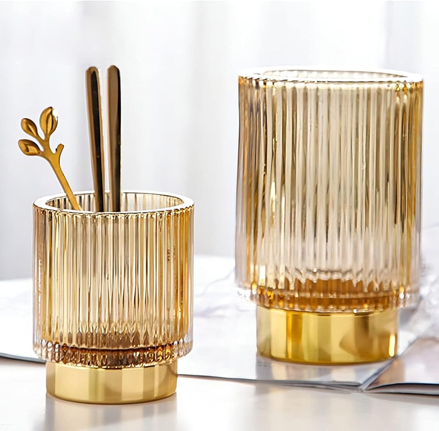 DASITON Makeup Brush holder Organizer,Crystal Cosmetic Makeup Brush Glass Brushes Storage Holder, Vintage Make Up Brush Cup Pen Pencil Holder striped vase(Coffee S)