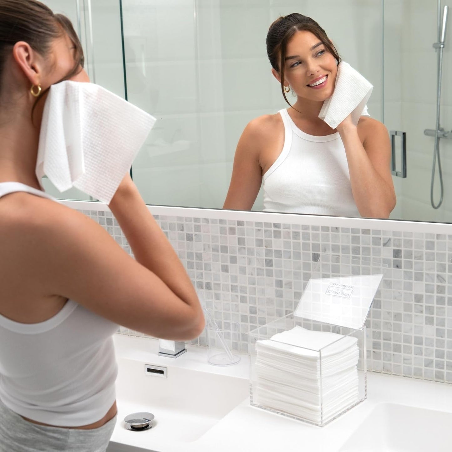 CLEAN SKIN CLUB Clear Acrylic Box for Clean Towels XL (NOT Included), Container For 50 Disposable Clean Towels XL, Face Towelettes Bathroom Counter Storage, Bin for Cleansing Facial Dry Wipes