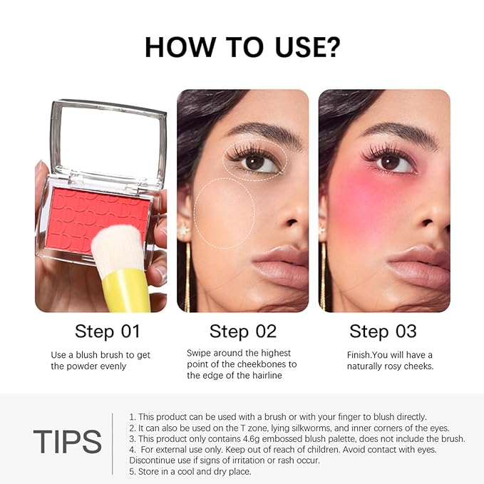 MAEPEOR Embossed Blush 6 Colors Smooth Blendable Face Blush Long-Lasting Natural Look Blush Powder Blush for Cheeks (12 Rosewood)