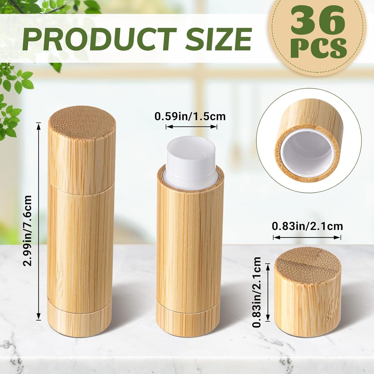 Leinuosen 36 Pcs Bamboo Empty Lipstick Tubes, Refillable 5g Lip Balm Containers with Rotable Plastic Inner for Women Girl DIY Cosmetic Lip Gloss Tubes for Lipstick, Deodorant, Solid Perfume, Makeup