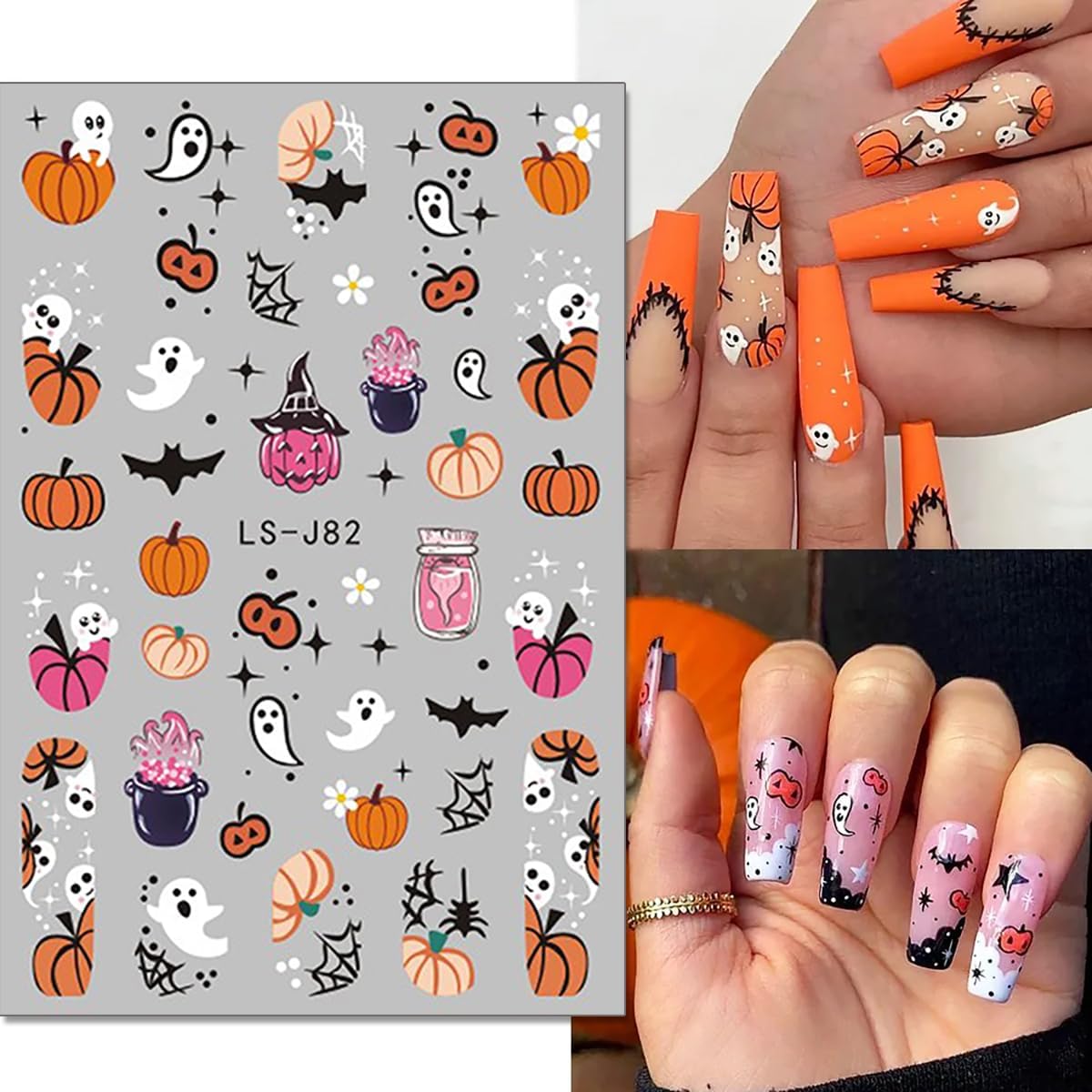 6Sheets Halloween Nail Art Stickers - 3D Self-Adhesive Cute Ghost, Bat, Skull, Cat, Pumpkin, Spider Web, Skeleton Designs for Women's DIY Nail Decor