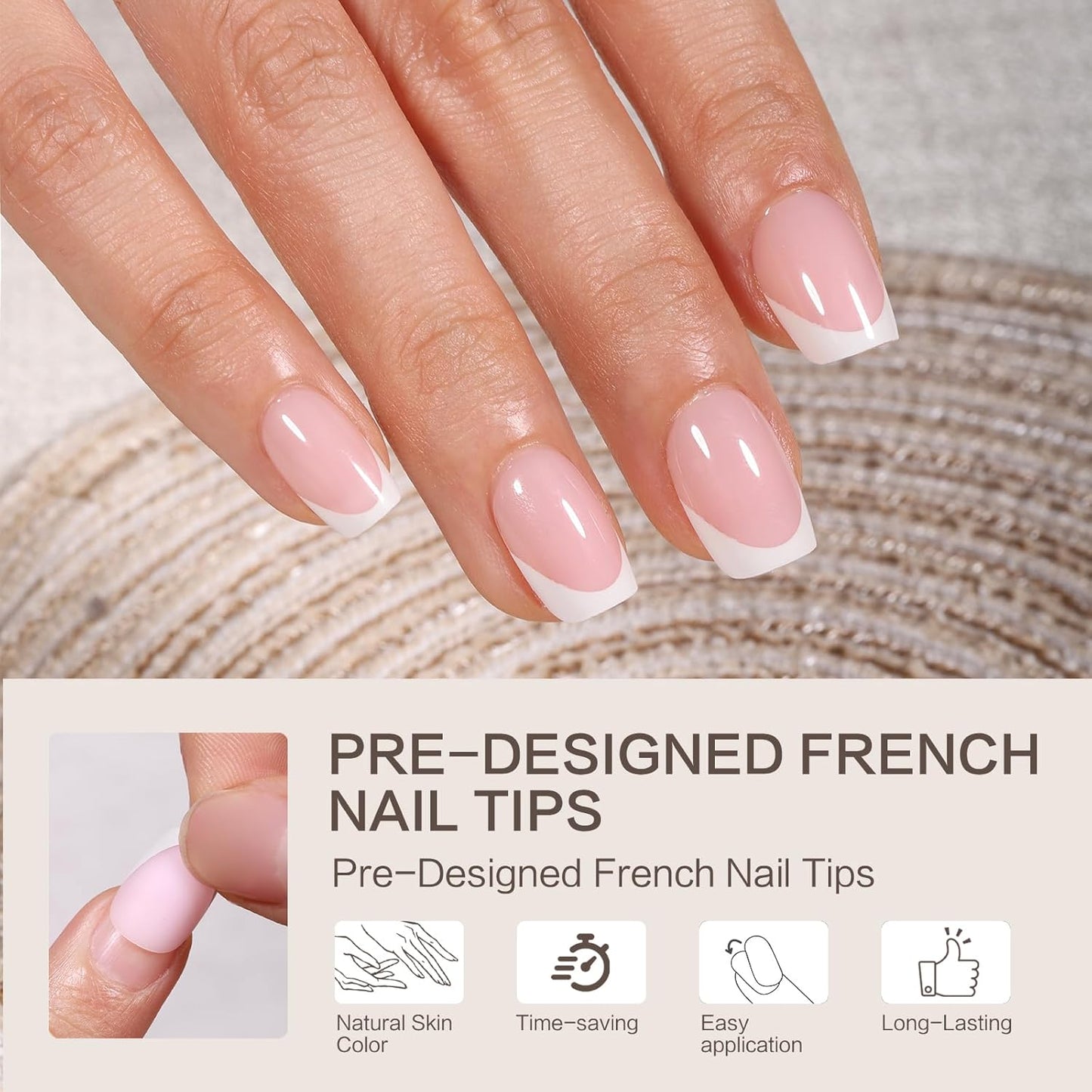 French Tip Press on Nails 160PCS with 5 Strips, 16 Sizes Pre-applied Primer Fake Nails - No Need to File, 5 Colors Short Square Tips, DIY Glue on Nails Kit for Women, Gift Set