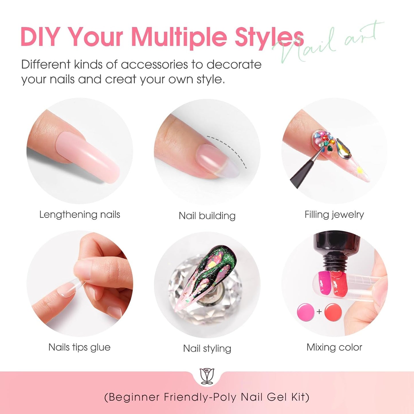 ROSALIND 14 Colors Poly Nail Gel Kit with Mini Nail Lamp Pink Brown Poly Nails Gel Kit Starter Kit With Slip Solution Kit Pink Extensions Gelfor Nail Manicure Beginner