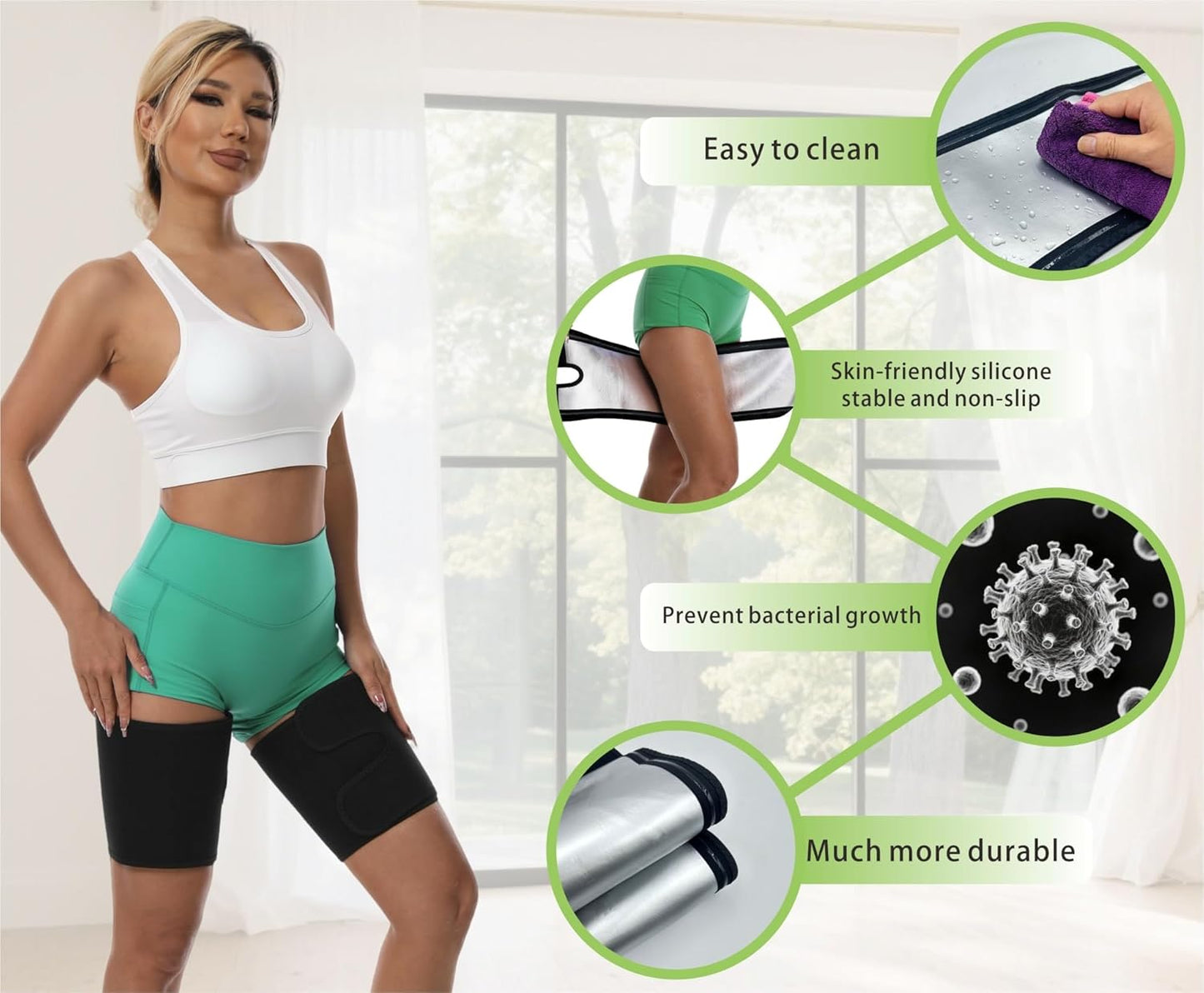 Sauna Leg Sleeves 2-Pack, Non-Slip Sweat Thigh Wraps for Women & Men Adjustable Thigh Trimmer Slimming Workout Gear