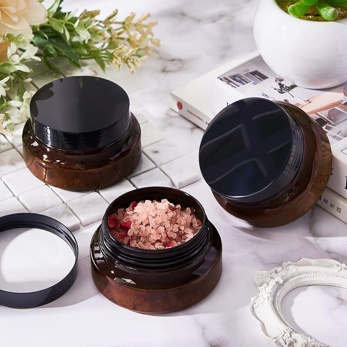 Tessco 24 Pack Plastic Jars with Lids Labels Empty Clear Plastic Jars Round Refillable Cosmetic Containers Body Butter Containers Bulk Sugar Scrub Bottle for Make Up(5 oz,Brown)