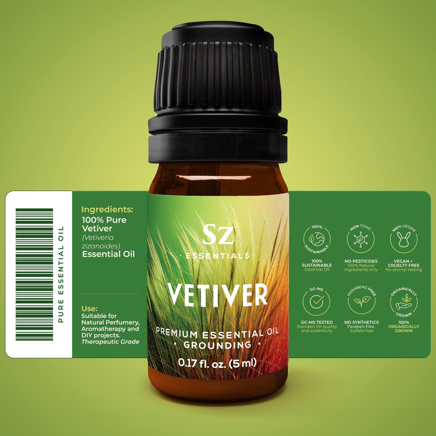 Vetiver Essential Oil - 100% Pure, Premium & Natural - Undiluted - Sweet, Earthy, Woody and Grassy Scent with Smoky grounding Undertones- Therapeutic Grade & Vegan - 1/6 oz. (5 mL)