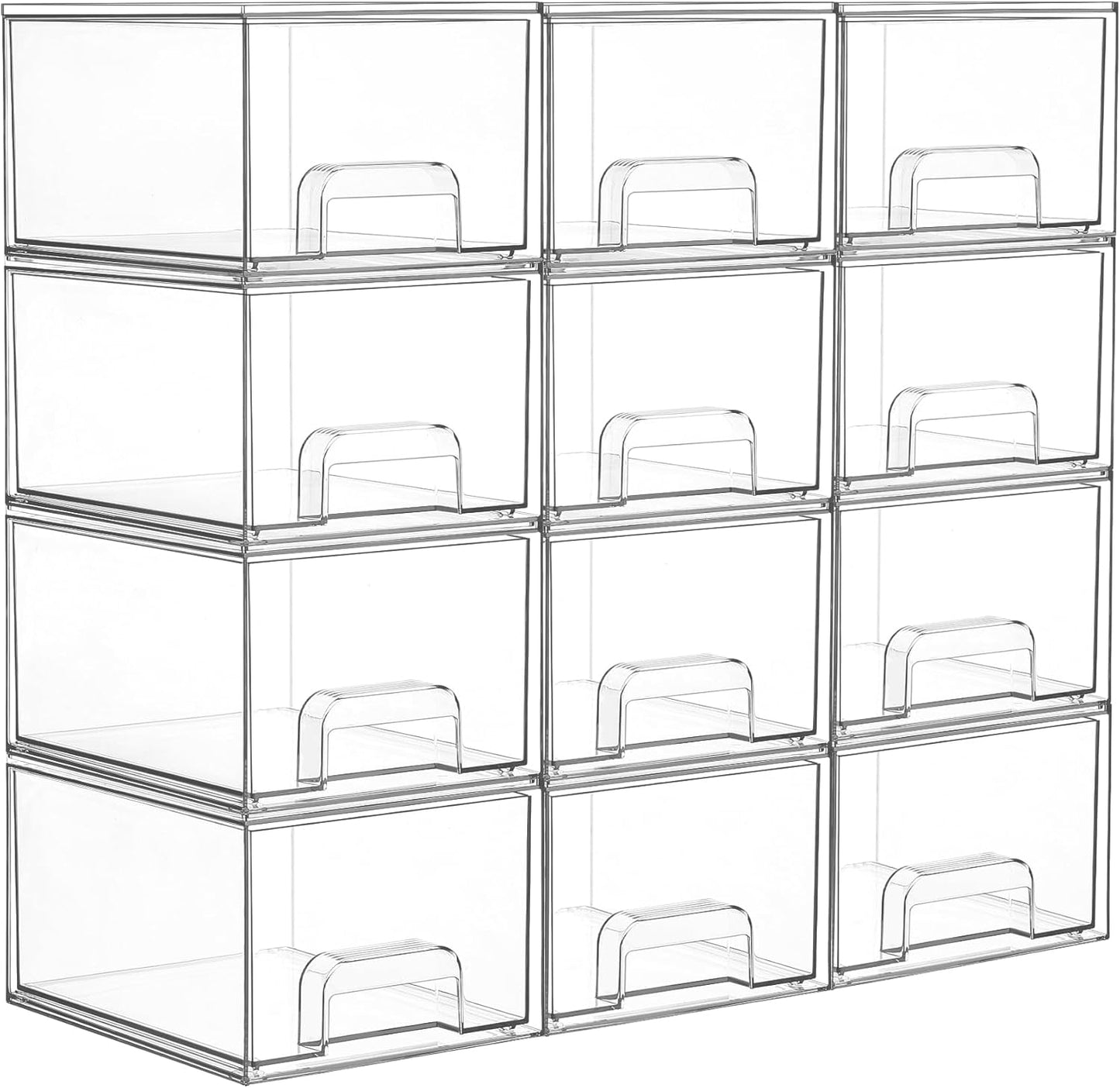Vtopmart 12 Pack Clear Small Stackable Storage Drawers,Acrylic Bathroom Makeup Organizer,Plastic Storage Bins For Vanity, Undersink, Kitchen Cabinets, Pantry, Home Organization