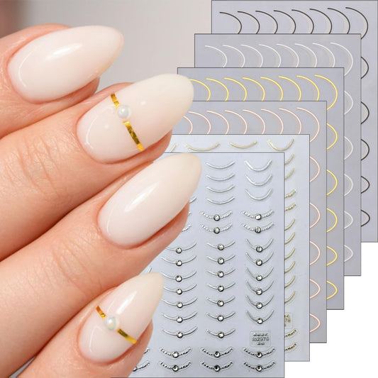 6Pcs French Tip Nail Stickers 5D Diamond Lines Nail Art Stickers Curved Stripe Crystal Rhinestones Design Nail Decals Pegatinas Uñas Simple French Nail Supplies Metal Polish Stickers for Women Girls