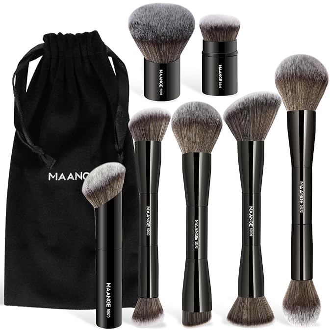 MAANGE 7pcs Makeup Brush Set Double Sided Kabuki Makeup Brushes Contour Brush for Foundation Liquid Powder Concealer Cream Cosmetics Bronzer Blending Blush Buffing Makeup Tools (Black)