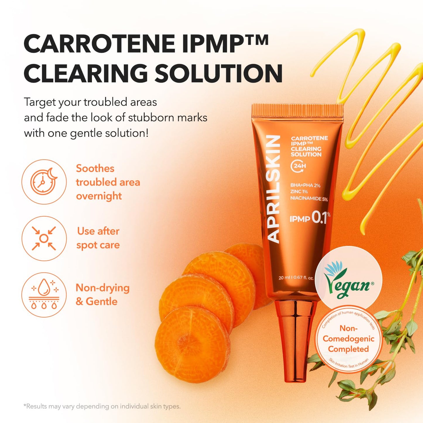 APRILSKIN Carrotene IPMP™ Clearing Solution || Quickly soothes troubled areas and helps clear blemishes | Formulated with BHA, AHA, Niacinamide & Zinc Oxide | Vegan, Cruelty-Free (0.67fl.oz.)