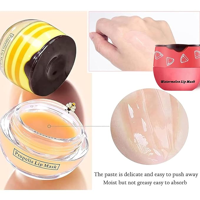 Bee Lip Balm Honey Pot, Strawberry & Honey Moisturizing Propolis Lip Mask, Hydrating & Prevention Dry and Cracked Lip Scrubs Exfoliator, Reduces Lip Lines (Red Yellow Pink)