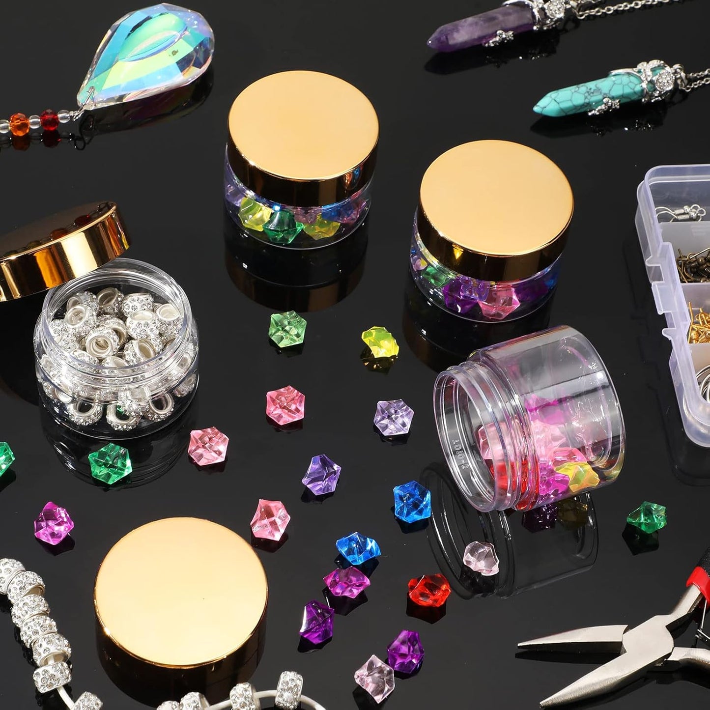 SATINIOR 100 Pcs Plastic Jars with Lids Small Containers Lids Wide Mouth Small Plastic Containers for Lotion Cream Rhinestones Body Butters Travel Storage(6 oz, Gold)