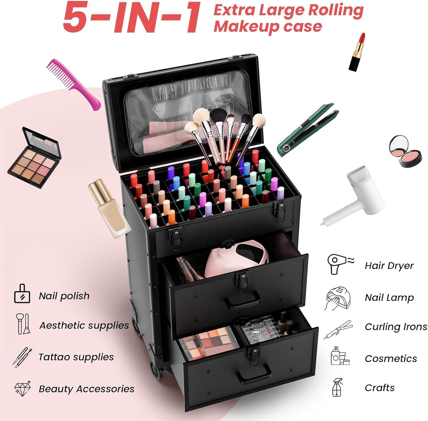 Large Rolling Makeup Train Case, Professional Travel Cosmetology Case on Wheels with Drawers, 3 Tiers Nail Organizers Storage Case for Nail Tech, Tattoo, Hairstylist, Makeup, Large