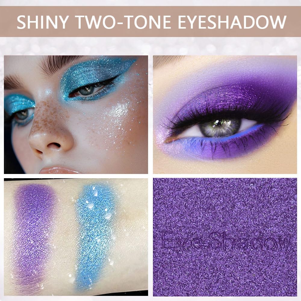 2 colors eye shadow makeup palette, Blue & Purple Eyeshadows Halloween Birthday Party Wear, high pigment eye, matte & shimmer metal eye shadow powder, Blendable, Ultra-Pigmented, Easy to Apply(02)