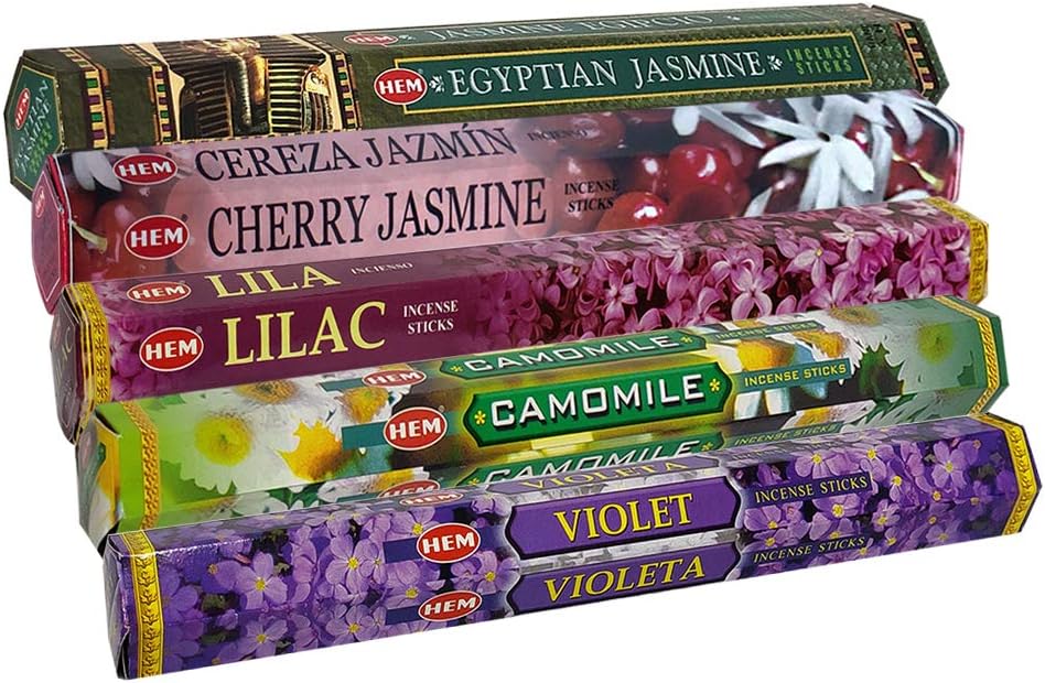 TRUMIRI Incense Sticks Variety Pack #13: 5 Fragrances (Egyptian Jasmine, Cherry Jasmine, Lilac, Camomile, Violet) - 100 Sticks (20 of Each) with Holder
