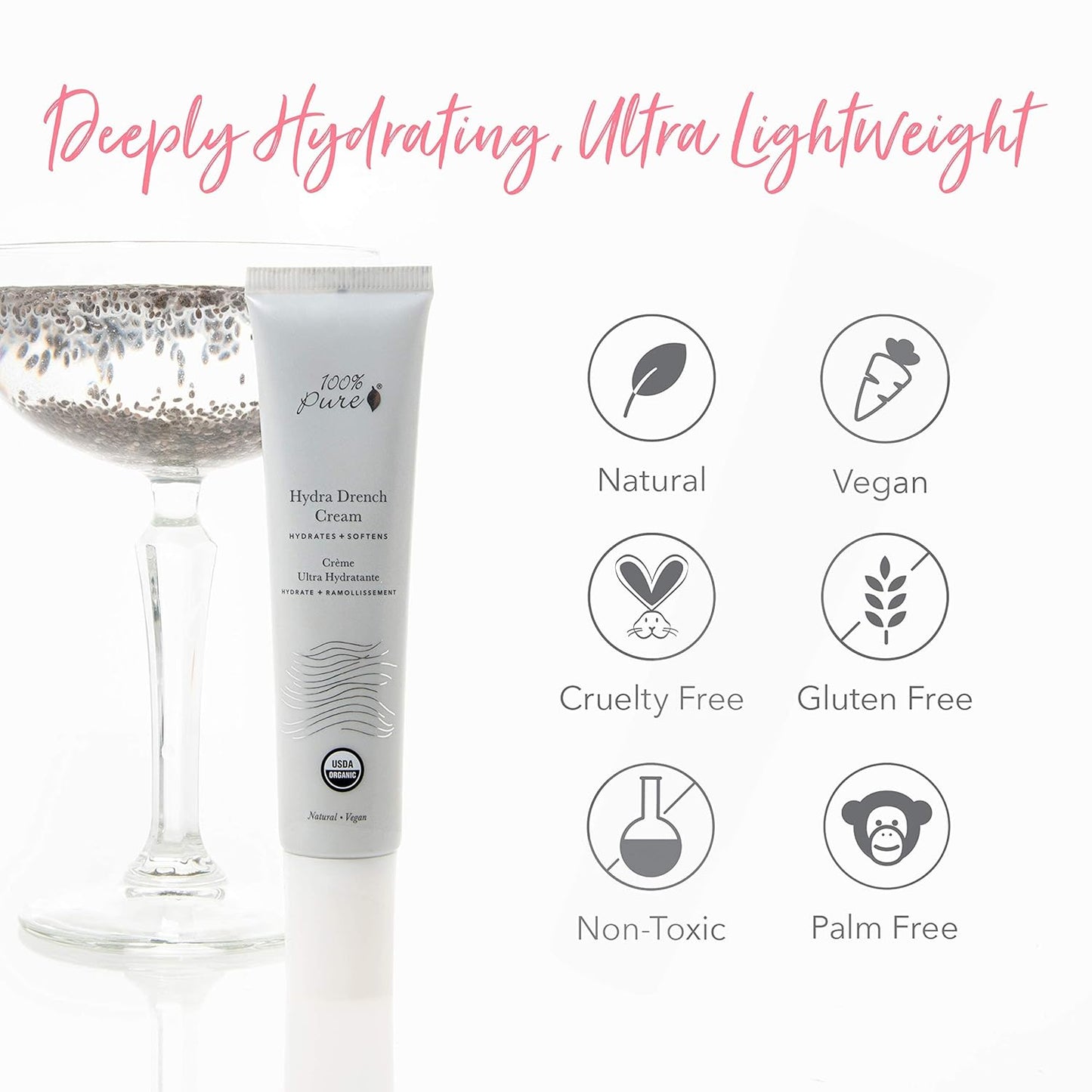 100% PURE Hydra Drench Cream, Daily Face Moisturizer with Hyaluronic Acid, Rose Water, Skin Care for All Skin Types, Natural Face Cream - 1.4 Fl Oz