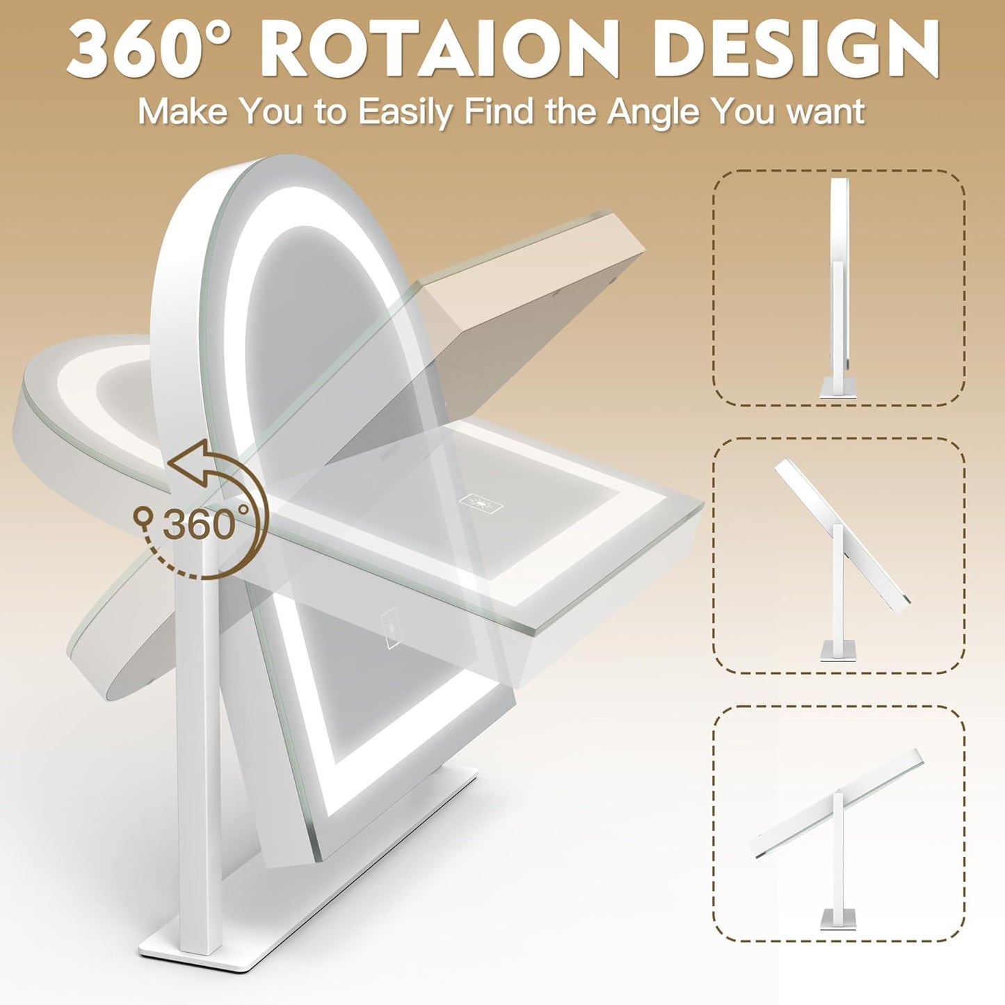 Lighted Makeup Mirror with 3-Color Dimmable Lighting, with Removable 10x Magnifier, Smart Touch Control, 360° Rotation, 15" x 13" Hollywood Vanity Mirror for Tabletop or Desk (White)