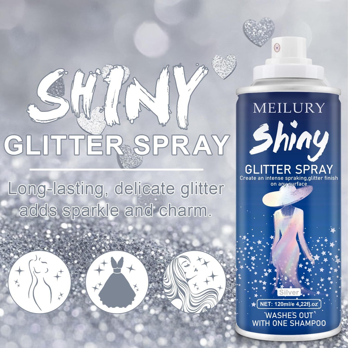 Hair and Body Glitter Spray, Holographic Glitter Highlighter Powder, Hairspray for Clothes, Face Body Shiny Glitter, Loose Shimmer Hairspray Festival Rave Prom Accessories, 4.22 Fl Oz (Silver)