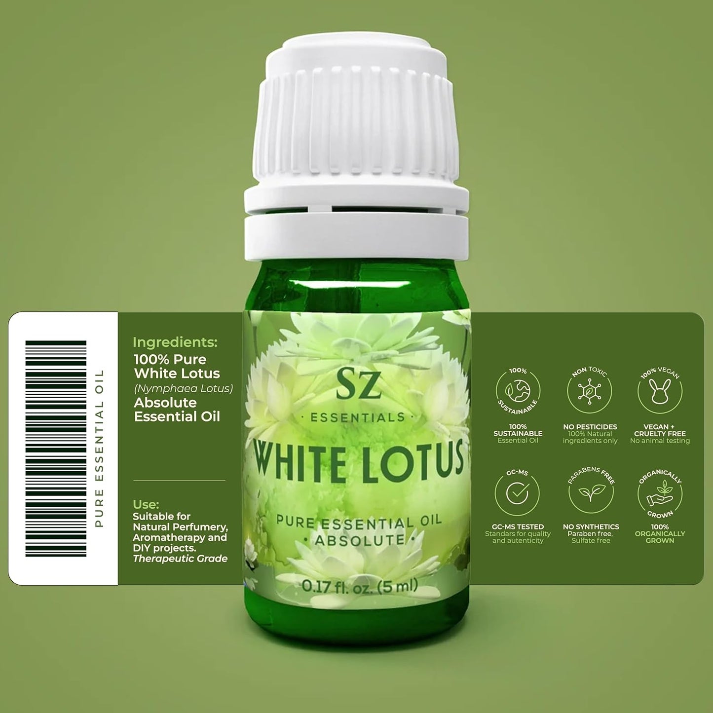 White Lotus 100% Pure, Essential Natural Oil - Extracted from Nymphaea Lotus - Rich & Sweet Scent, with Exotic Floral Overtones - Therapeutic Grade & Vegan - 0.17 fl oz (5ml)