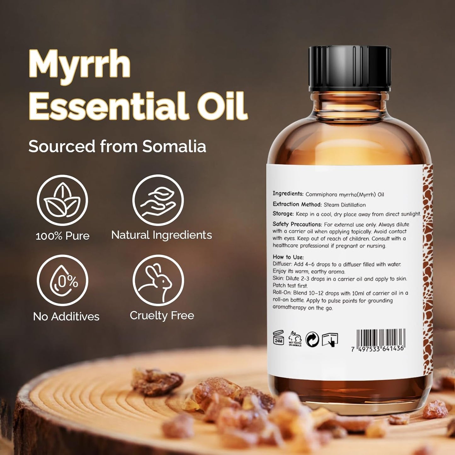 Myrrh Essential Oil 4 Oz, 100% Pure Natural Myrrh Oil for Diffuser, Skin, Hair, Body & Face, Massage, DIY & Home Use