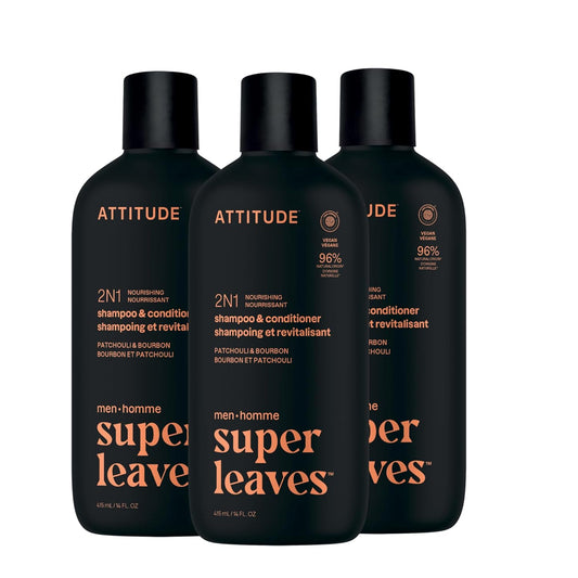ATTITUDE Men's Shampoo and Conditioner 2-in-1, Nourishing For Dry Hair and Scalp, With Panthenol and Ginseng, 97% Natural Origin Ingredients, EWG Verified, Patchouli & Bourbon, 14 Fl Oz (Pack of 3)