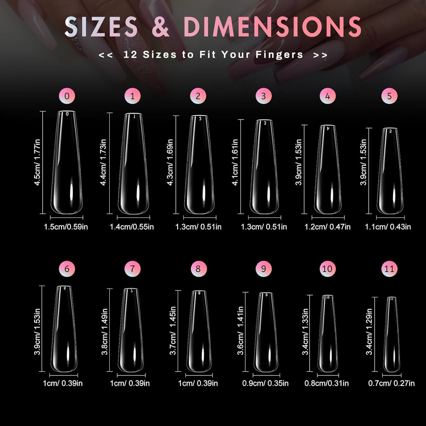 Ranrose Long Coffin Nails Tips: 240pcs XXL Acrylic Nails Clear C Curve Coffin False Nail, Full Cover Fake Nails for Nail Extension, 12 Sizes