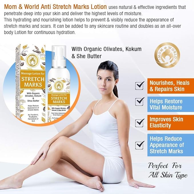 Mom & World Massage Lotion For Stretch Marks -120ml - With Organic Olivates, Kokum & Shea Butter
