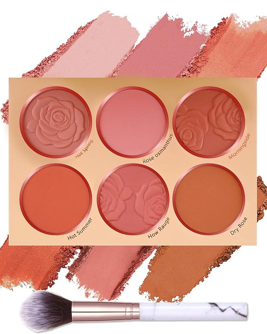 Matte Rose Face Blush Palette Kit with Brush-6 Color High Pigment Silky Mineral Blendable Blusher Contour Powder for Cheeks,Longlasting Eyeshadow Facial Beauty Cosmetic Makeup Gift for Women-Set 02