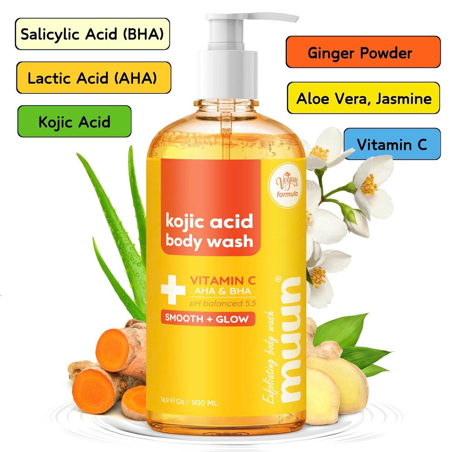 Muun Body Wash with AHA&BHA Exfoliating, 16.9 Fl Oz/500ml Prevent Ingrown Hair Even Skin Tone Underarm Bikini, Smoothe & Soften Body Wash