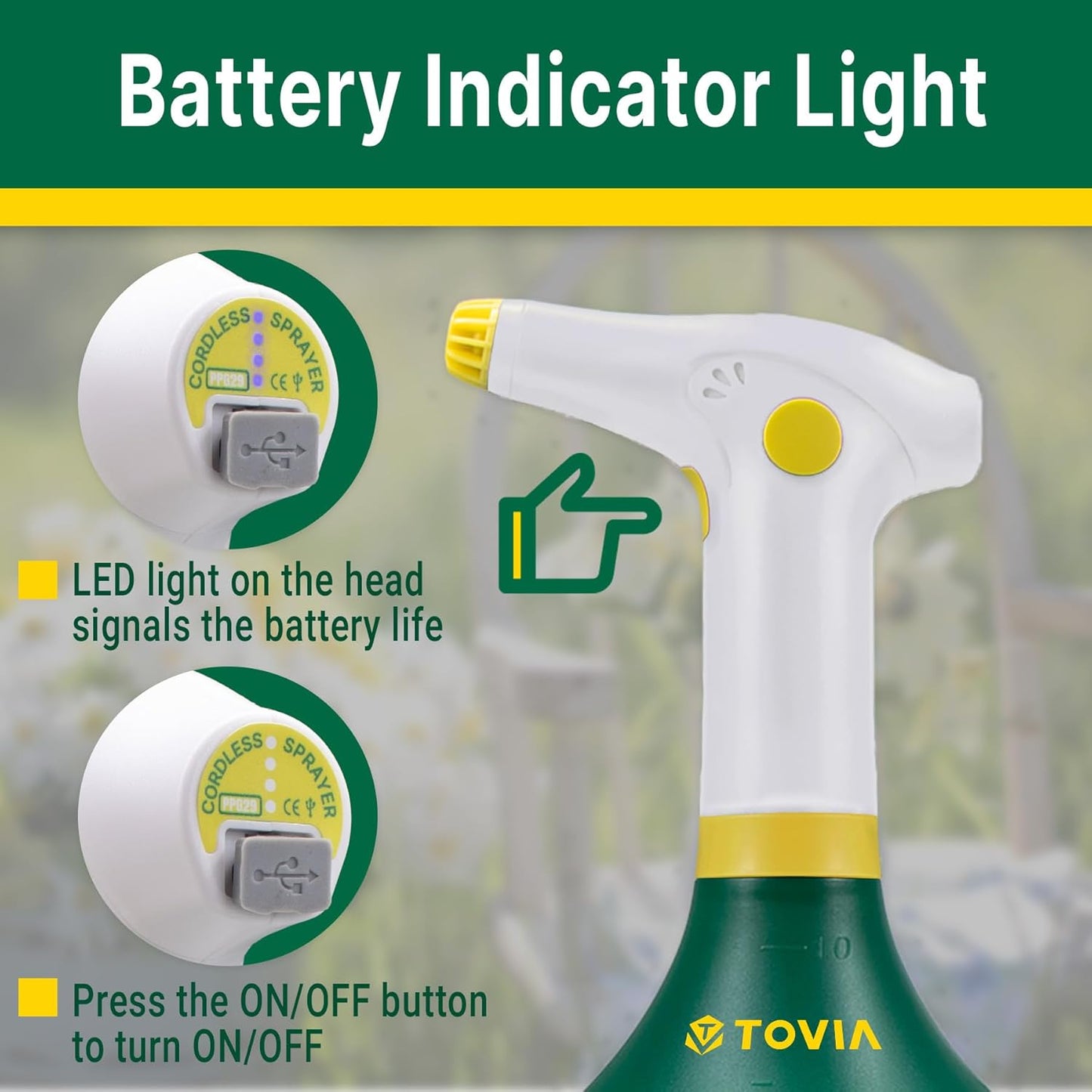 T TOVIA: Garden Sprayer 1 Liter Battery Spray Bottle Powered Electric, Rechargeable, Portable Garden and Plant Sprayer, Mister, for Outdoor and Indoor Plants,Cleans and Gardens, Handheld Powered