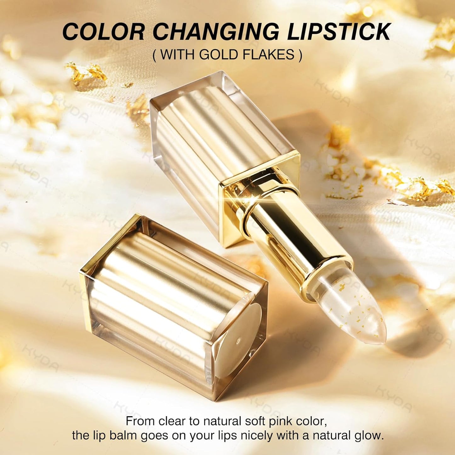 KYDA Transferproof Color Changing Lipstick with Gold Flakes, Changes from Clear to Sheer Pink, Moisturizing Tinted Lip Balm, Deep Nourishment, PH Changing Lipstick, Glossy Shine Lip Balm