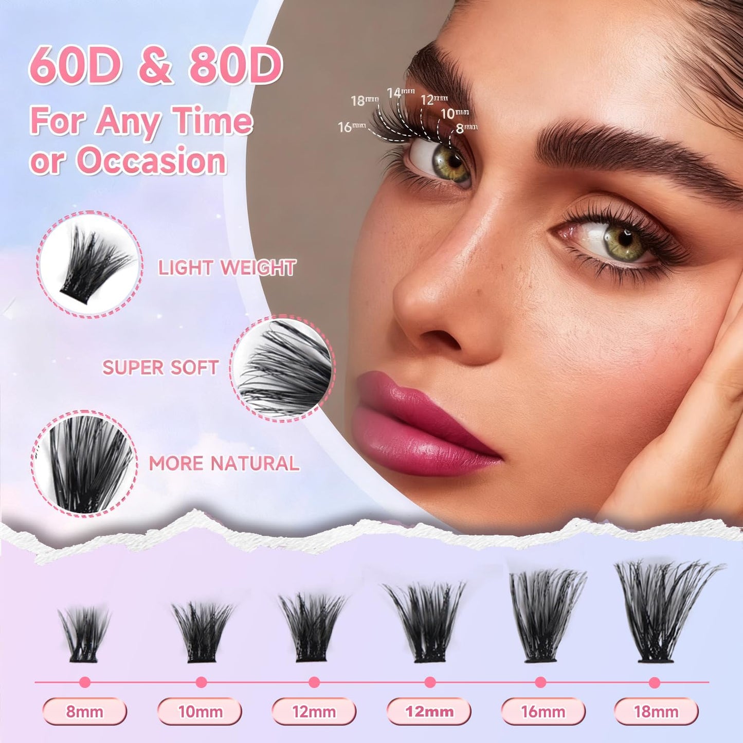 DIY Lash Clusters Kit 240pcs Natural Eyelash Extension Kit, 8-16mm 60D 80D Individual Lashes Kit with Lash Bond and Seal, Lash Extension Kit for Self Use (60D&80D, 0.07D, 8-16mm, Kit)