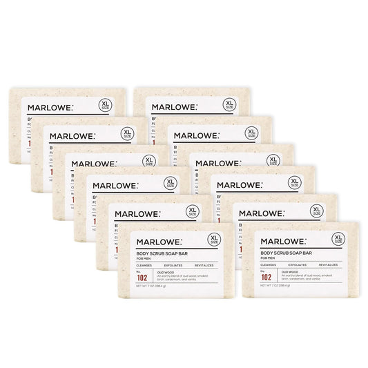 MARLOWE. No. 102 Body Scrub Soap 7 oz (12 Bars), Oud Wood, Exfoliating Soap Bar with Shea Butter, Olive Oil & Green Tea Extracts, Cleanses, Smooths & Revitalizes Skin, Earthy & Smoky Scent
