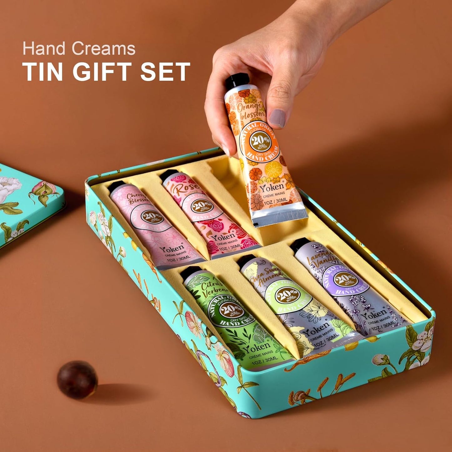 Yoken 20% Shea Butter Hand Cream Gift Set, Instant Moisturizing Hand Cream for Women Dry Hands with Delicate Tin, Floral-Scented Hand Lotion 6 x 1 OZ