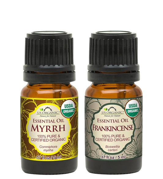 US Organic 100% Pure Myrrh, Frankincense Essential Oil Combo Pack - Directly sourced from The Horn of Africa - USDA Certified Organic - Use Topically or in Diffuser (5 ml Combo)