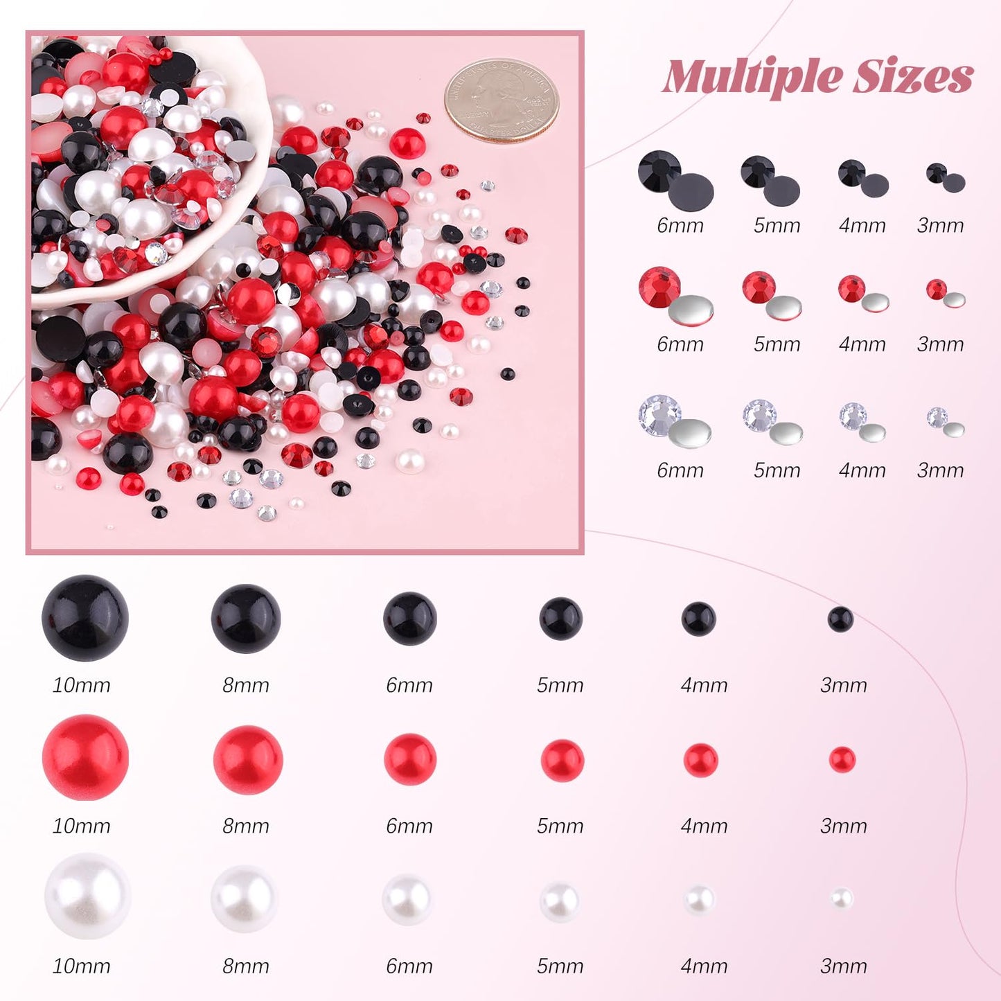 80g Flatback Pearls and Rhinestones for Crafting, Red White Black Mixed Size 3-10mm Resin Rhinestones and Half Pearls for Bedazzling, Nail Art and Decoration with Tweezer and Pickup Pencil